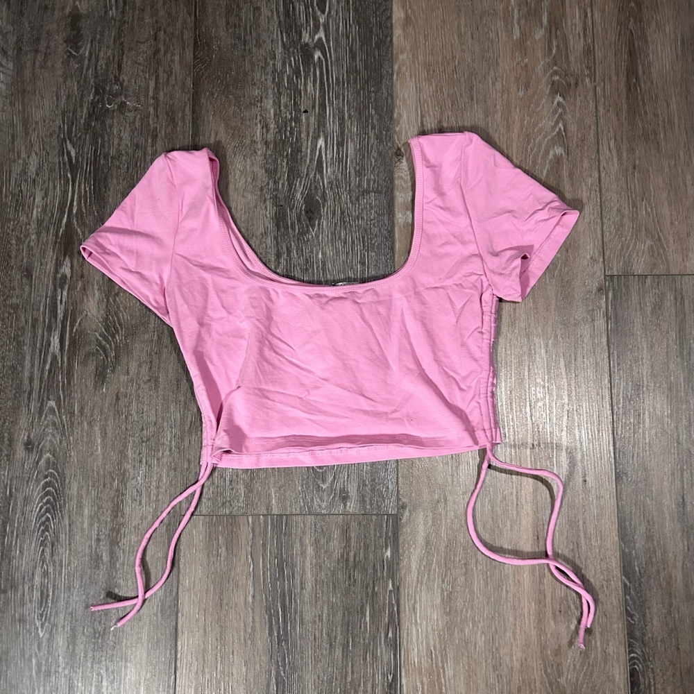 Pink Scoop Neck Tie-Side Crop Top With Matching Shorts
